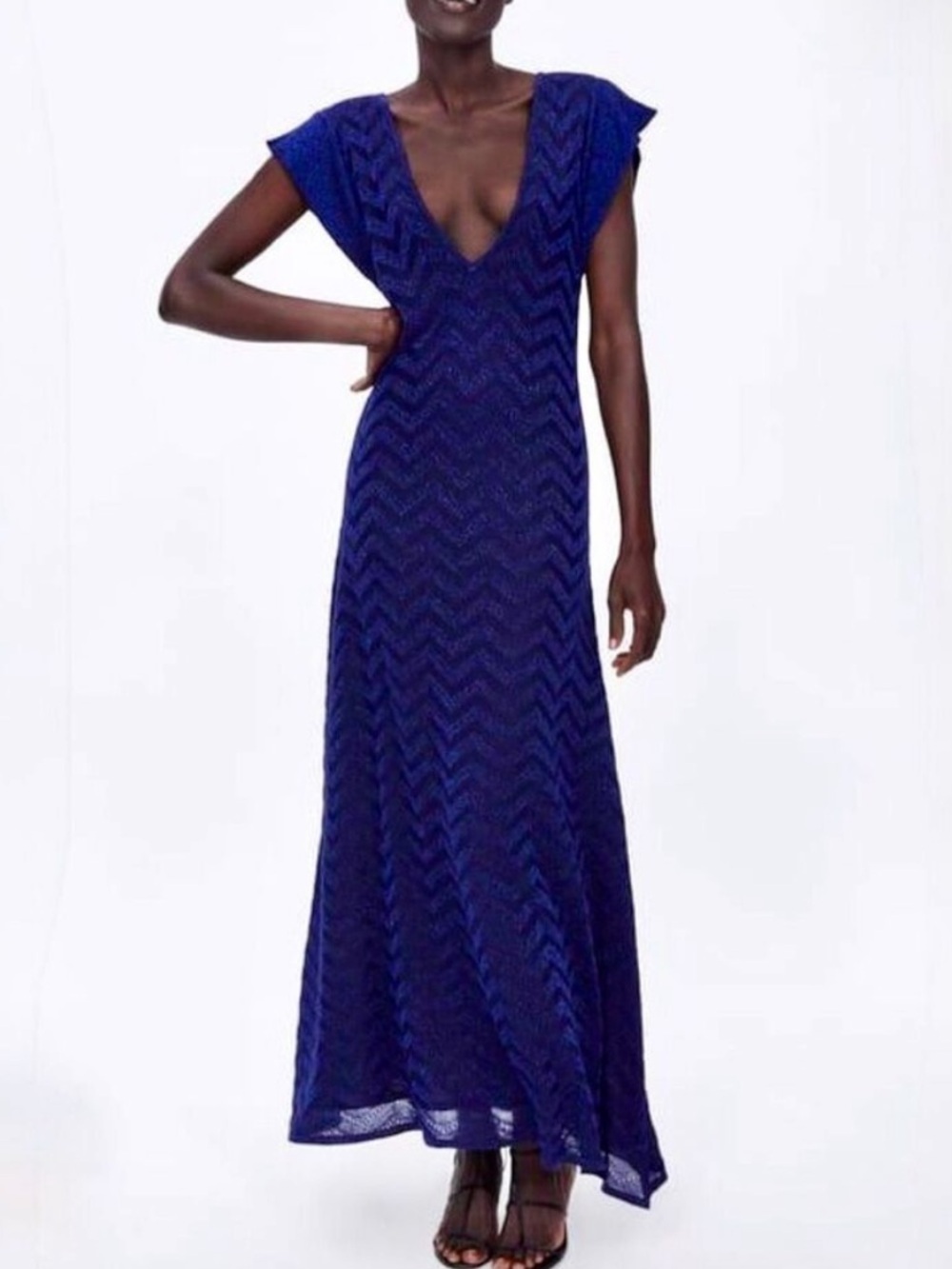 Zara Navy Cobalt Blue Pointelle Knit Metallic Chevron Flutter Sleeve Midi Dress